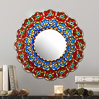 Reverse-painted glass wall mirror, 'Colorful Arrangement' - Glass and Wood Wall Mirror with Painted Flowers