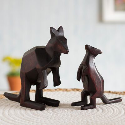 Cedar wood sculptures, Mother and Child Kangaroos (pair)