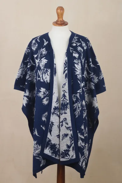 Reversible alpaca blend ruana, 'Leaves of Autumn in Cadet Blue' - Reversible Cadet Blue and Oyster Leafy Alpaca Blend Ruana