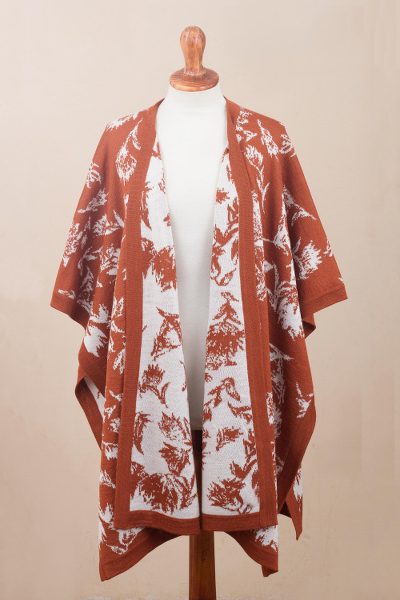 Reversible alpaca blend ruana, 'Leaves of Autumn in Spice' - Reversible Spice and Eggshell Leaf Motif Alpaca Blend Ruana