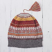 100% alpaca knit hat, 'Inca Countryside' - Burnt Sienna and Pink and Grey 100% Alpaca Knit Hat