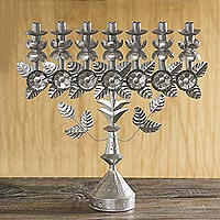 Recycled metal candelabra, 'Garden Whimsy' - Floral Recycled Metal Folk Art Candelabra