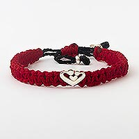 Sterling silver unity bracelet, 'I Stay Home' - Red & Black Braided Unity Bracelet with Sterling Silver