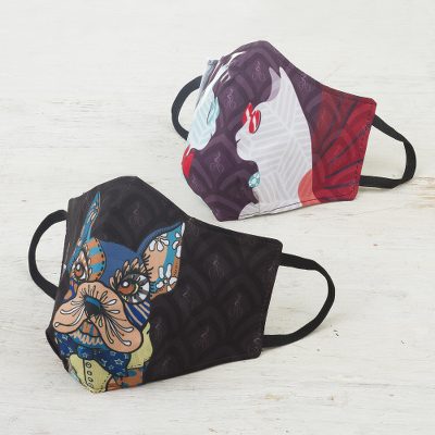 Cotton blend nose clip face masks, 'Cats and Dog' (pair) - 2 3-Layer Cotton Blend Nose Clip Cats & Dog Face Masks