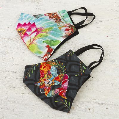 Cotton blend nose clip face masks, 'Leopard and Lotus' (pair) - 2 3-Layer Cotton Blend Nose Clip Leopard & Lotus Face Masks