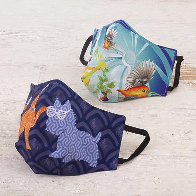 Cotton blend nose clip face masks, 'Cat, Dog and Fish' (pair) - 2 3-Layer Cotton Blend Nose Clip Cat-Dog-Fish Face Masks