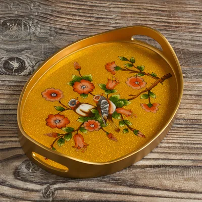 Reverse-painted glass tray, 'Birds of a Feather in Gold' - Bird and Flower Themed Reverse Painted Glass Tray