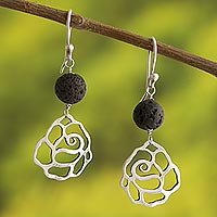 Volcanic stone dangle earrings, 'Black Rose Silhouette' - Fine Silver Rose Earrings with Black Volcanic Stone