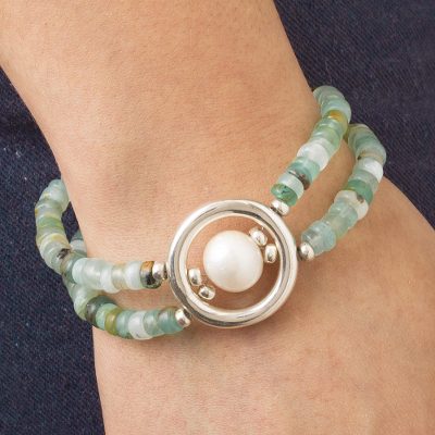 Cultured pearl and opal pendant bracelet, 'Altiplano Breeze' - Andean Opal and Cultured Pearl Bracelet