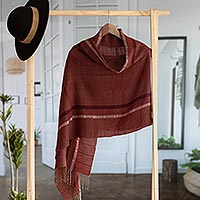 100% baby alpaca shawl, Burgundy Windowpanes