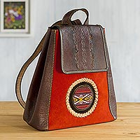 Wool-accented suede and leather backpack, 'Andean Sunset' - Leather and Suede Backpack with Wool Accent