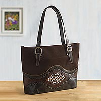 Wool-accented leather tote bag, 'Inca Memories' - Dark Brown Suede and Leather Tote Bag