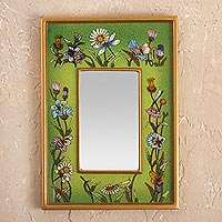 Small reverse-painted glass wall mirror, 'Green Fields' - Small Spring Green Floral Wall Mirror