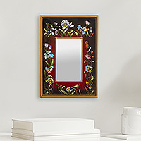 Small reverse-painted glass wall mirror, 'Currant Fields' - Hand Painted Small Glass Framed Wall Mirror