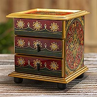 Small reverse-painted glass jewelry chest, 'Vintage Floral in Red' - Mini Jewelry Chest in Reverse-Painted Glass