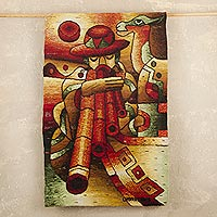 Alpaca tapestry, 'Andean Winds' - Alpaca Wool Tapestry of Man Playing Pan Pipe