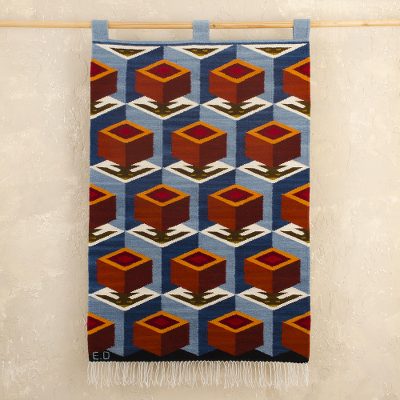 Wool tapestry, 'Floating Geometry' - 100% Wool Optical Illusion Wall Tapestry