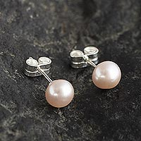 Cultured pearl stud earrings, 'Perfectly Pink' - Elegant Pink Cultured Pearl Stud Earrings