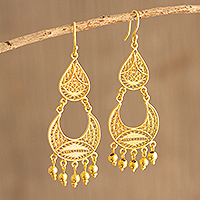 Gold-plated filigree chandelier earrings, 'Crescent Drop' - Peruvian Gold-Plated Filigree Chandelier Earrings