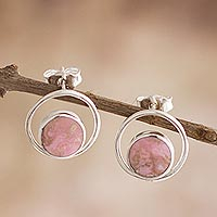Rhodonite drop earrings, 'In the Loop' - Rhodonite and Sterling Silver Drop Earrings from Peru