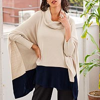 Baby alpaca blend poncho sweater, 'Effortless Chic in Ivory' - Ivory and Blue Poncho Sweater from Peru