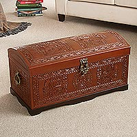 Cedar and leather chest, 'Sun and Sky' - Unique Traditional Tooled Leather Covered Wood Chest