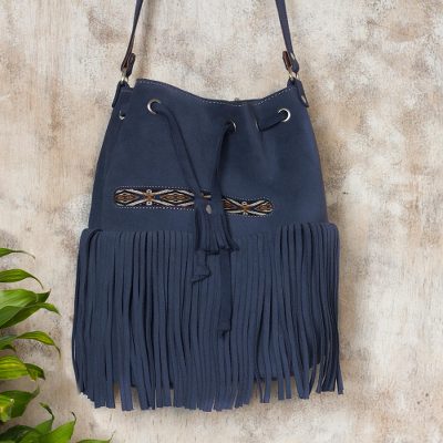 Wool-accented suede bucket bag, Aguas Calientes Blue