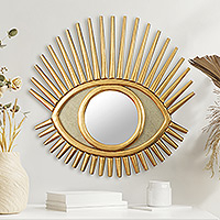 Wood and glass wall mirror, 'Sun's Glance' - Eye Shaped Wall Accent Mirror