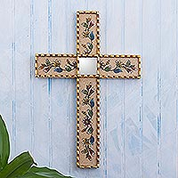 Reverse-painted glass wall cross, 'Flowers of Faith in Beige' - Handmade Glass Wall Cross with Floral Motifs