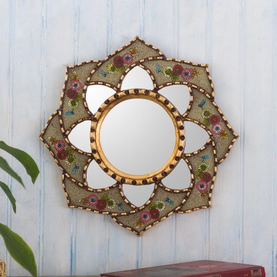 Reverse-painted glass wall accent mirror, Cusco Lotus in Khaki