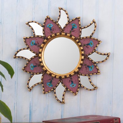 Reverse-painted glass wall accent mirror, Mauve Star