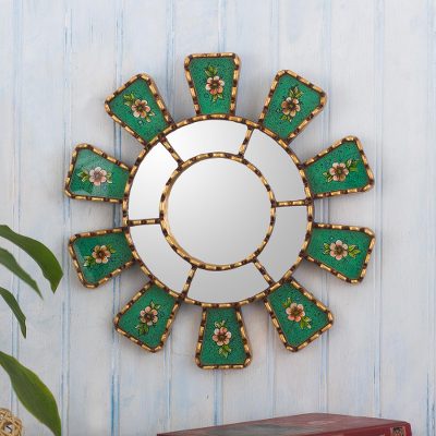 Reverse-painted glass wall accent mirror, Emerald Wheel