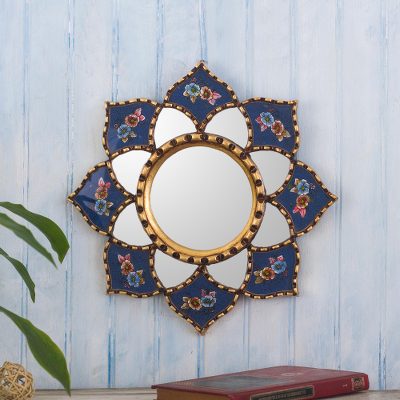 Reverse-painted glass wall accent mirror, Chrysanthemum in Azure