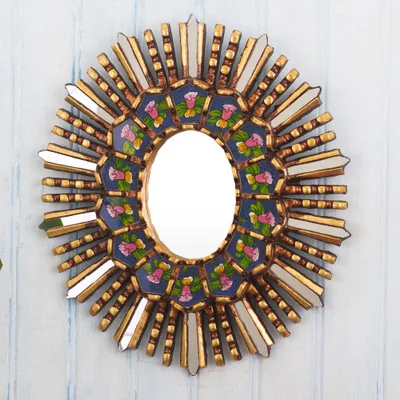 Reverse-painted glass wall accent mirror, Cantuta Flower