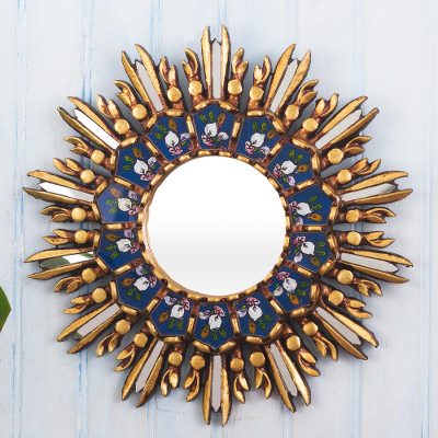Reverse-painted glass wall accent mirror, Lily of the Incas