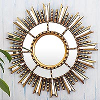 Wood and glass wall accent mirror, 'Light of Hope' - Gilded Wall Accent Mirror