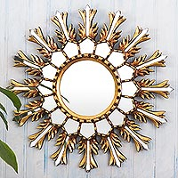 Wood and glass wall accent mirror, 'Eternal Brilliance' - Ornate Cusco Style Wood Wall Mirror
