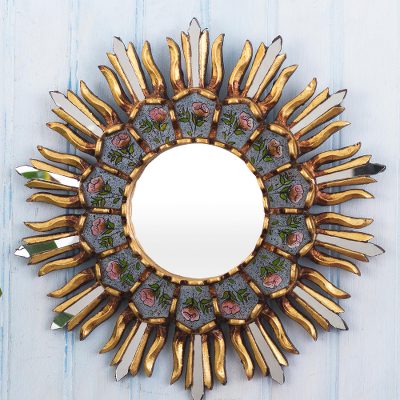 Reverse-painted glass wall accent mirror, Cajamarca Rose