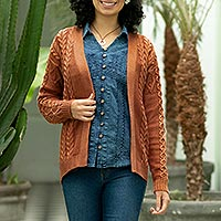 Cotton and recycled PET blend cardigan, 'Ginger Cable Classic' - Eco Friendly Cable Knit Open Front Deep Orange Cardigan