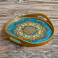 Reverse-painted glass tray, 'Creative Mandala' - Hand Painted Glass Serving Tray with Mandala Motif
