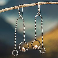 Cultured pearl dangle earrings, 'Lassoed Rose' - Handmade Sterling and Cultured Pearl Earrings