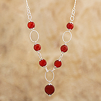 Carnelian pendant necklace, 'Radiant Glow' - Beaded Carnelian Pendant Necklace