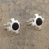 Obsidian stud earrings, 'Inca Constellation' - Silver and Obsidian Inca Chakana Stud Earrings