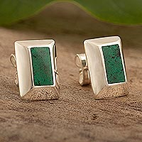 Chrysocolla button earrings, 'Green Captivation' - Peruvian Sterling Silver and Chrysocolla Button Earrings