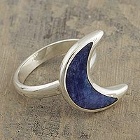 Sodalite cocktail ring, 'Waning Crescent Moon' - Peruvian Sodalite and Sterling Silver Moon Cocktail Ring