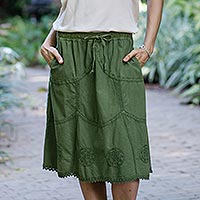 Embroidered Laurel Green Cotton Skirt from Peru,'Andean Fields'