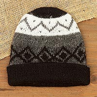 100% alpaca knit hat, 'Nordic Nights' - Knit 100% Alpaca Hat in Black and Grey