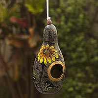 Dried gourd birdhouse, 'Sunflower and Earth' - Sunflower Motif Dried Gourd Birdhouse