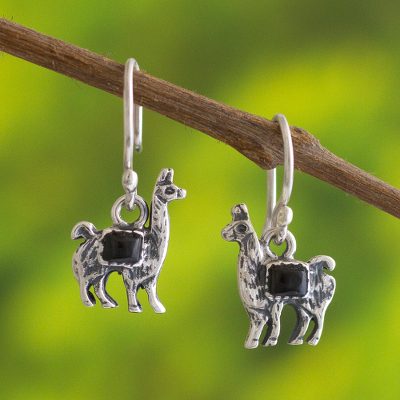Onyx dangle earrings, Andean Llama in Black