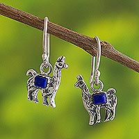 Lapis lazuli dangle earrings, 'Andean Llama in Blue' - Peruvian Silver and Lapis Lazuli Llama Dangle Earrings